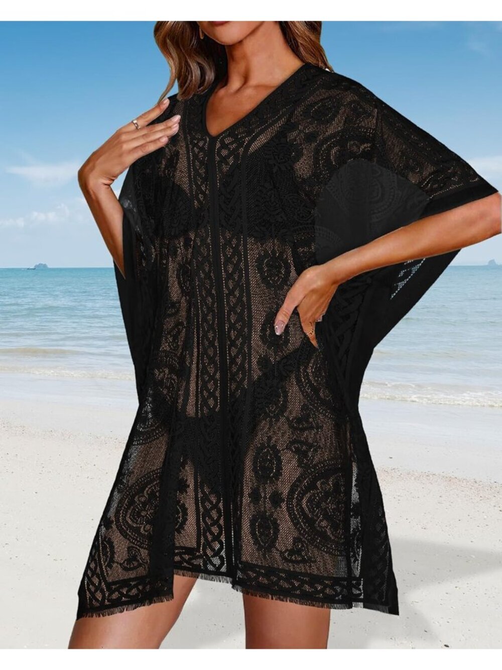 〽️Women's Black V Neck Beach Loose Bikini Lace Bathing Suit Polyester Cover Up